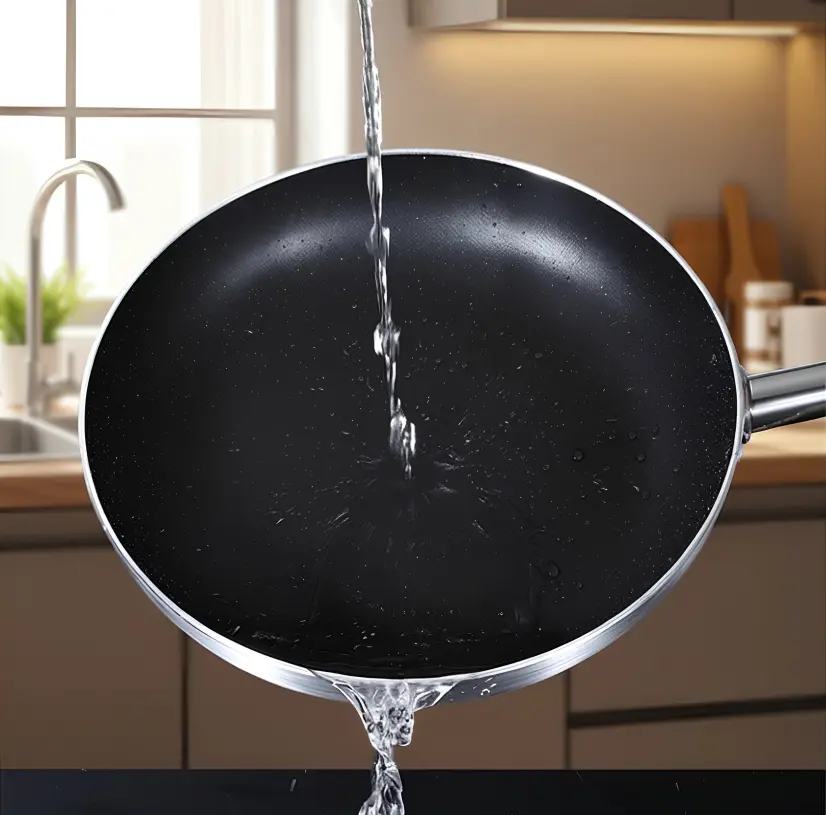 Vatten rinner av non-stick-ytan på ChronaFlex-pannan